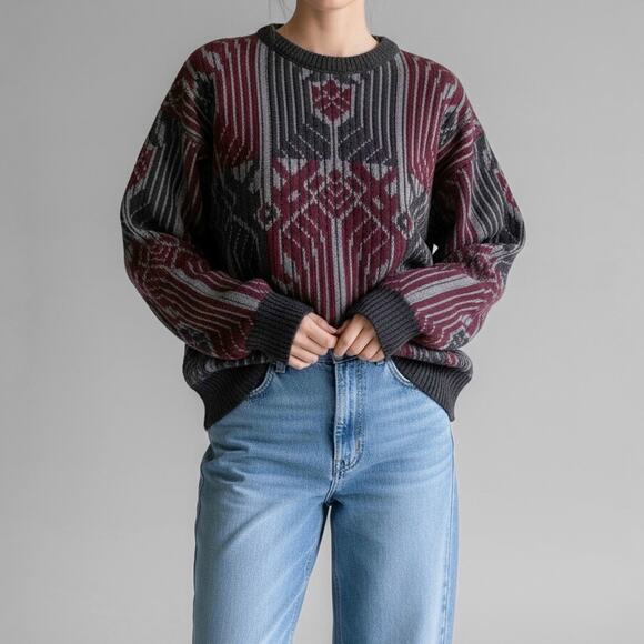 Vintage 80s Jacquard Sweater Grandpacore Dark Academia Art Deco Geometric Knit L - Picture 2 of 10